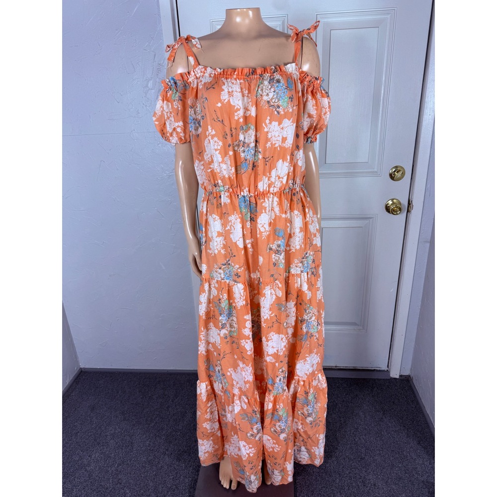 Vintage 70s Evelyn Pearson Dress 12 Floral Maxi Cold Shoulder Cotton Peach II22